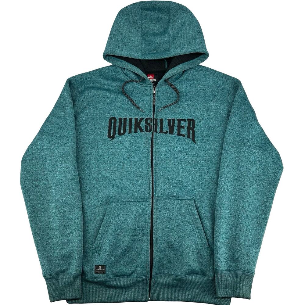 Y2K Style Mens Quiksilver Teal Embroidered Sherpa Lined Zip Hoodie Sweatshirt~ L